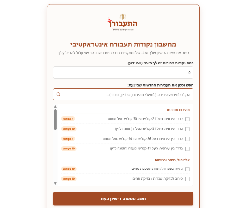 מחשבון נקודות תעבורה אינטראקטיבי